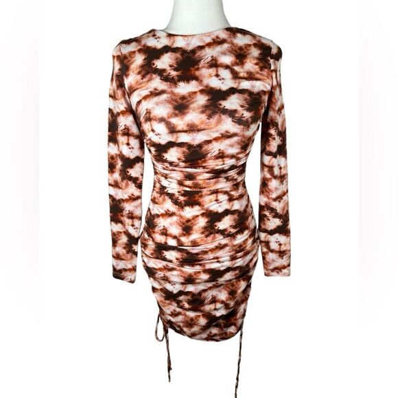 Tiger Mist Riri Brown & Rust Red Print Bodycon Long Sleeved Ruched Dress - Picture 4 of 9